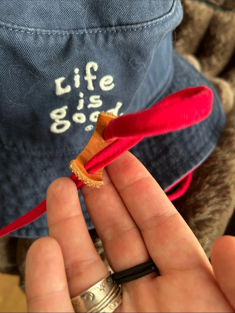 Life is Good Navy Bucket Hat with Red Chin Strap